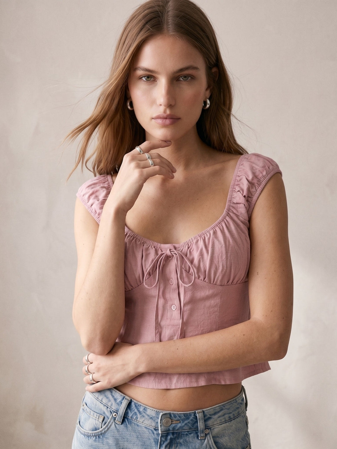 Pink Bustier Styled Tie Up Detailed Blouse