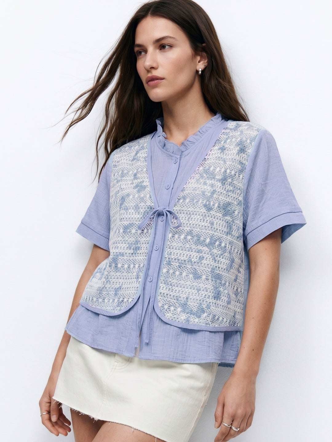 Light Blue Ruffle Neck Front Tie-Up Layered Top