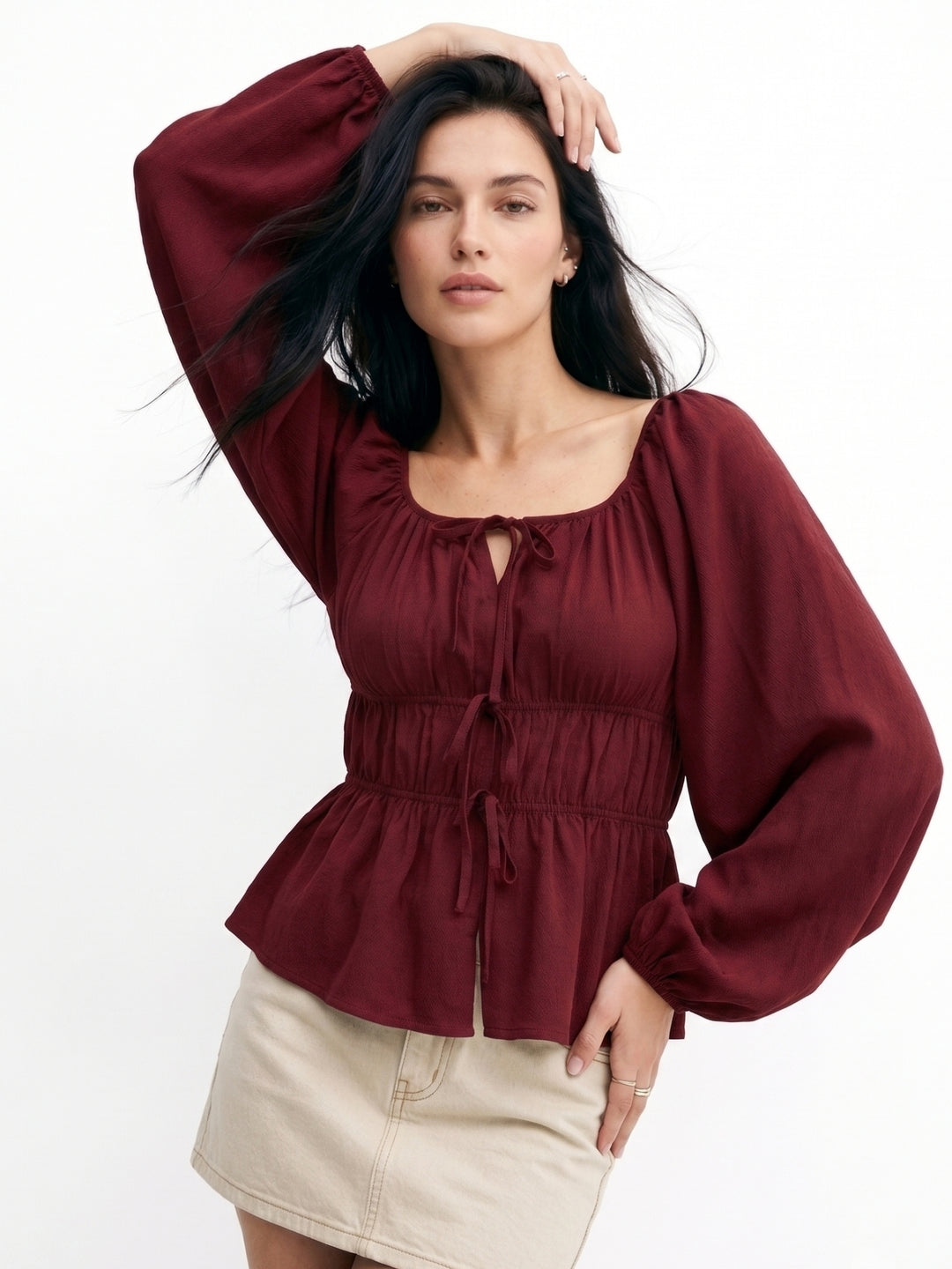 Maroon Regular Fit Square Neckline Long Sleeve Blouse With Bow Tie Detail In Textured Rivera Cerepe Fabric