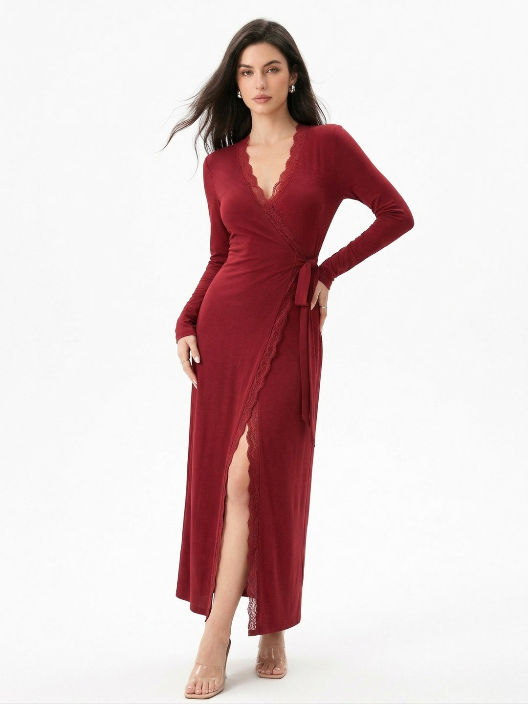 Burgundy Plunge Neck Wrap Dress With Lace Inserts