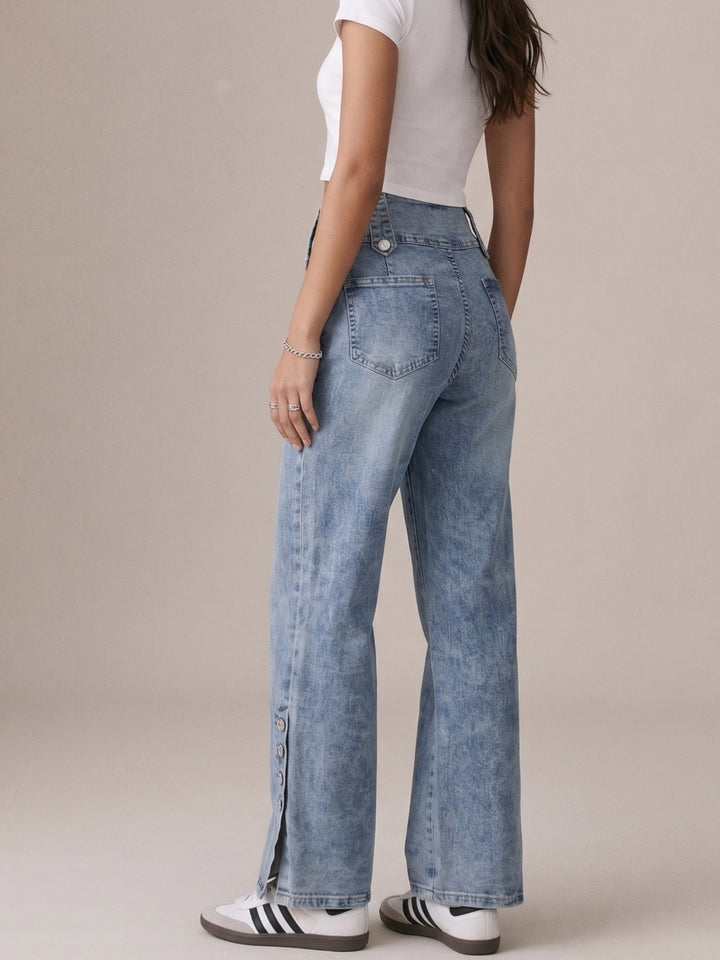 Blue Wide Waistband With Lower Side Slit And Buttons