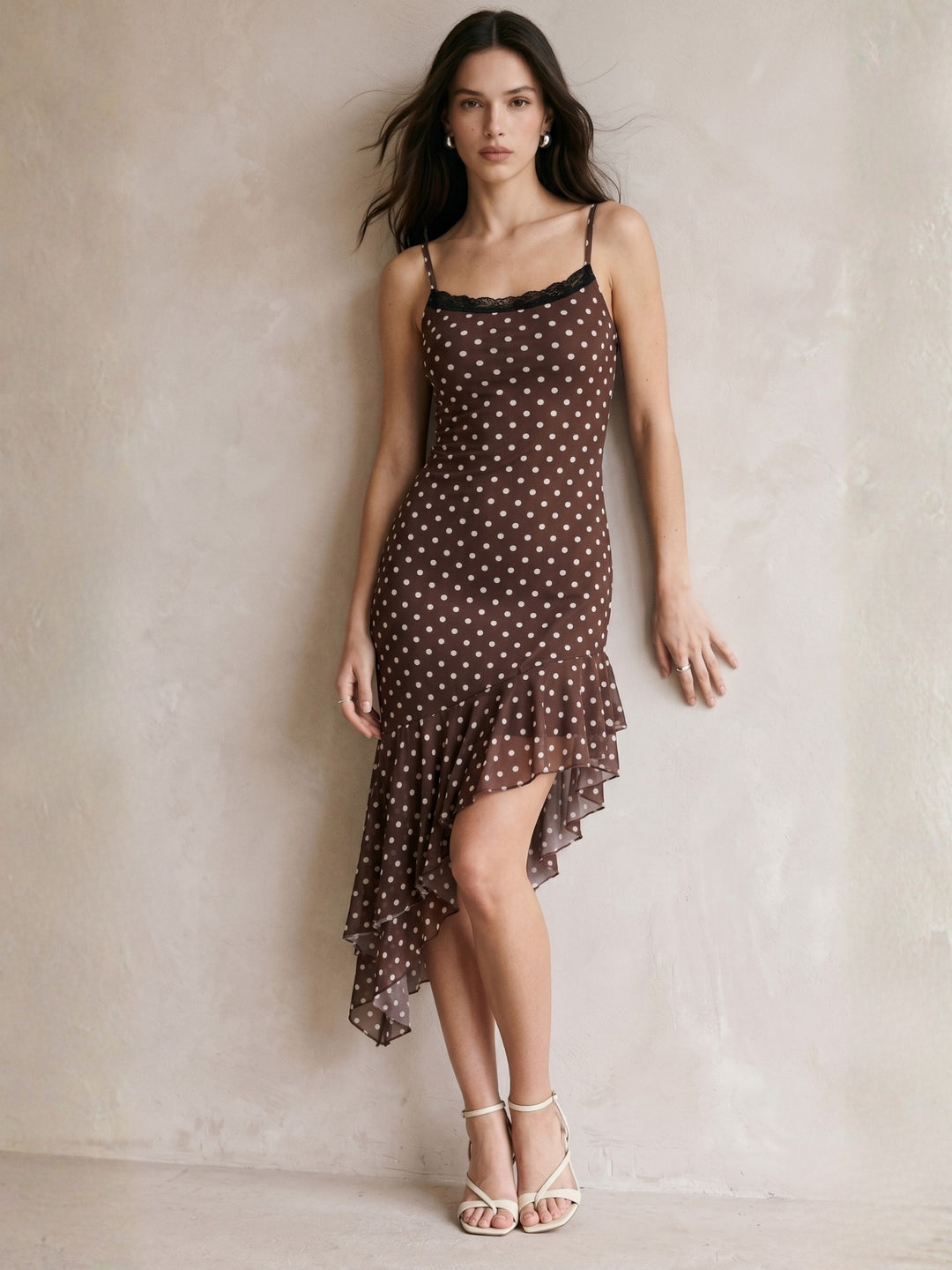 Brown Spaghetti Strap Ruffle Hem Mesh Polka Printed Dress