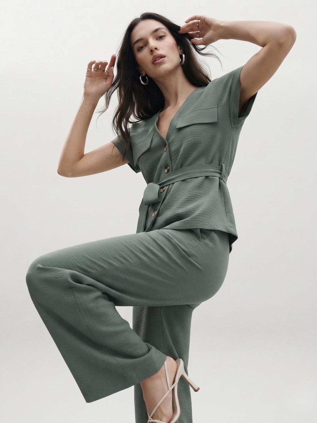 Green Waist Tie-Up Front Buttoned Top And Pant Set