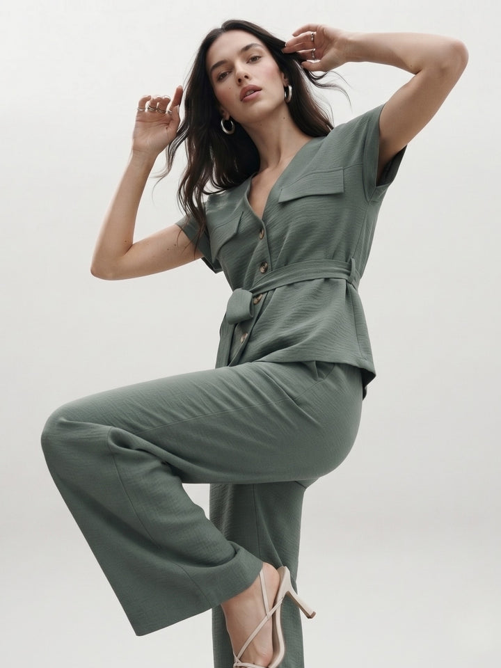 Green Waist Tie-Up Front Buttoned Top And Pant Set