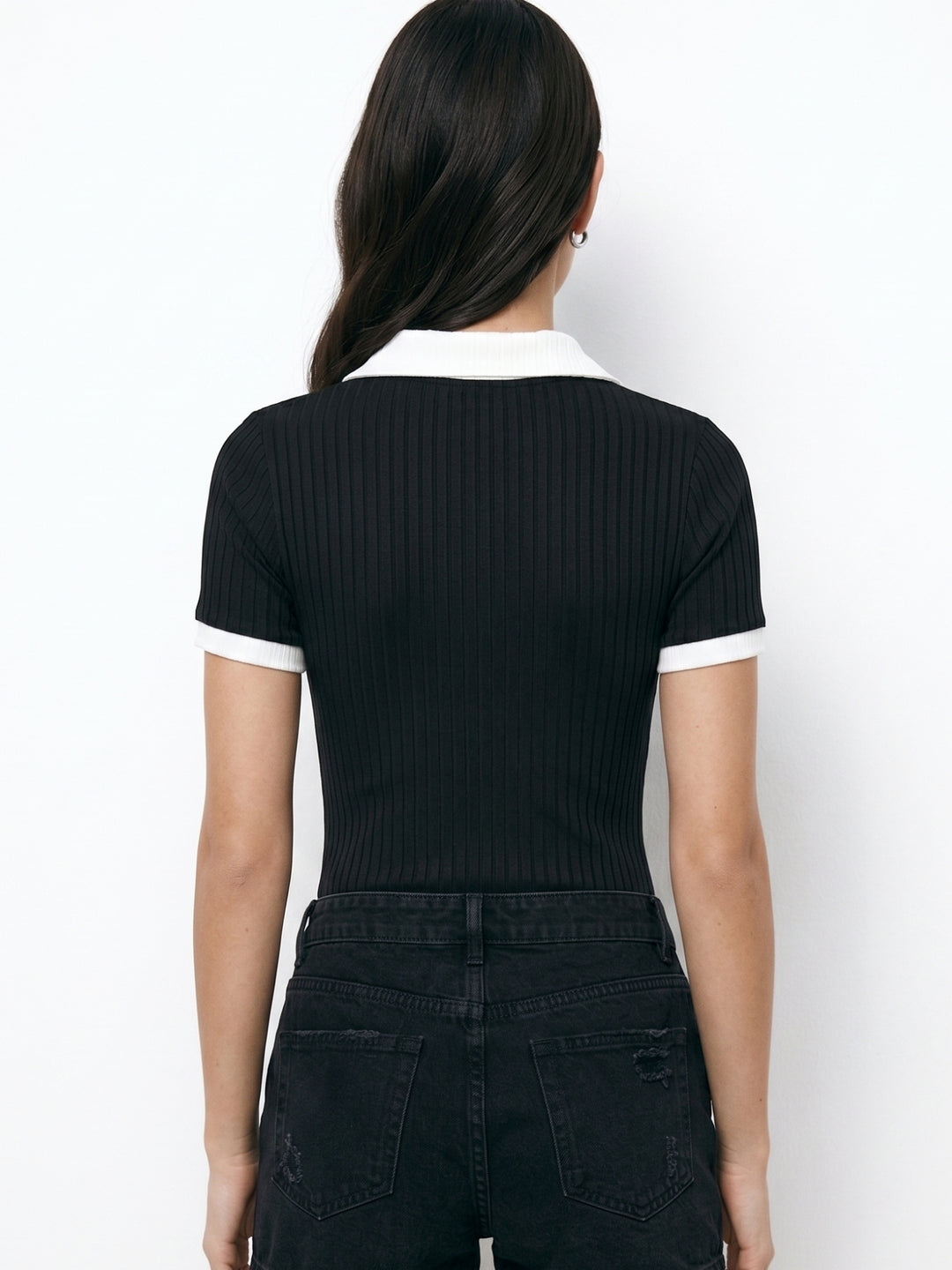 Black Zip Up Contrast Collared Bodysuit