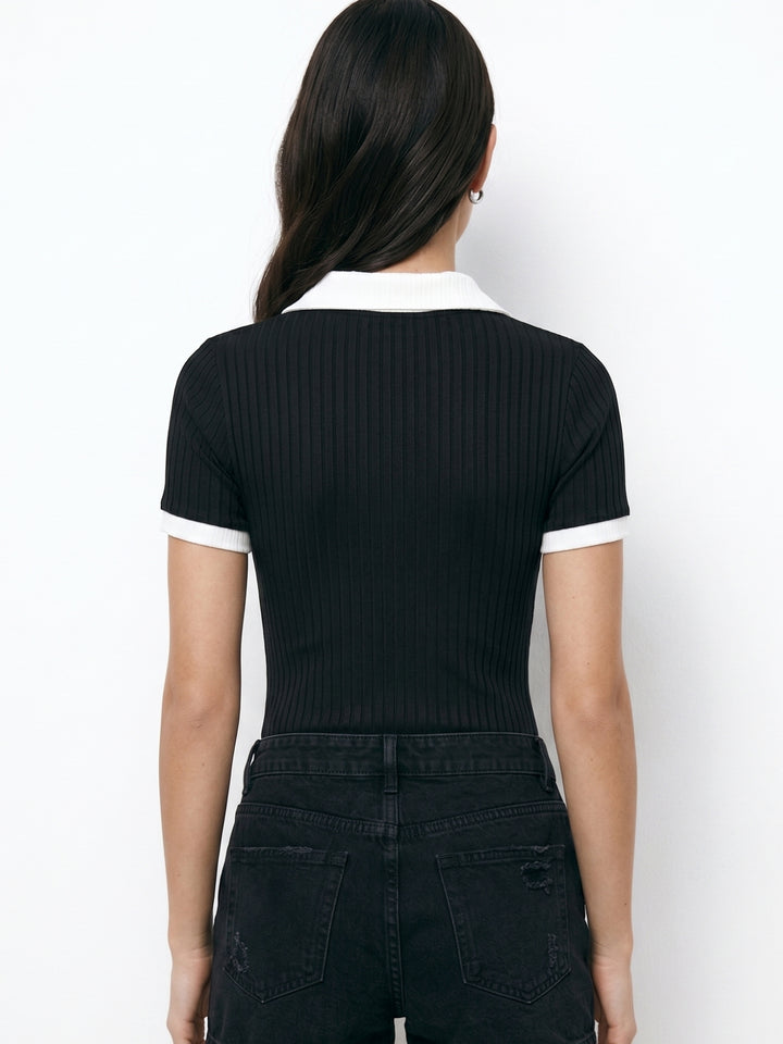Black Zip Up Contrast Collared Bodysuit