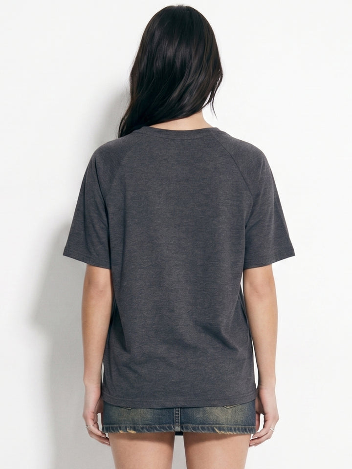Charcoal Studded Raglan Sleeved Varsity Graphic T-Shirt