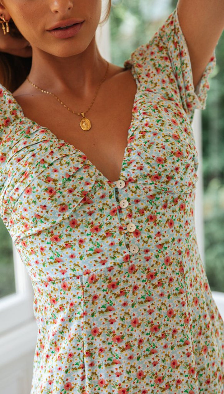 Multi Sweetheart Neckline Printed Puff Sleeves Dress