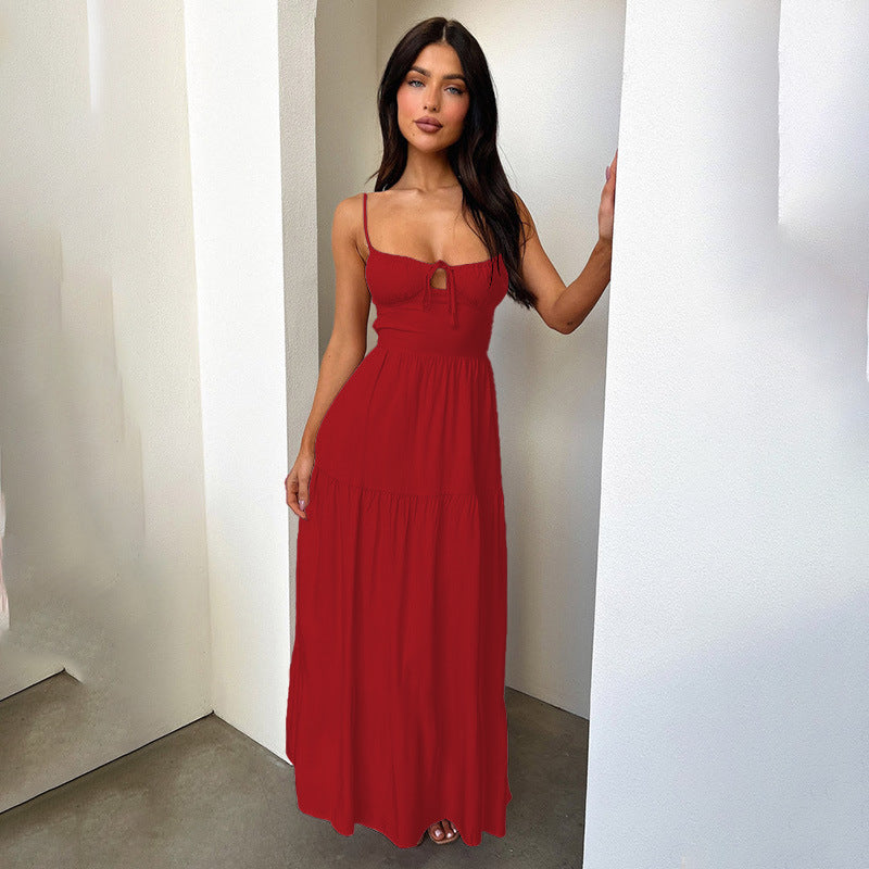 Red Bust Gathering Back Tie Up Flared Dress