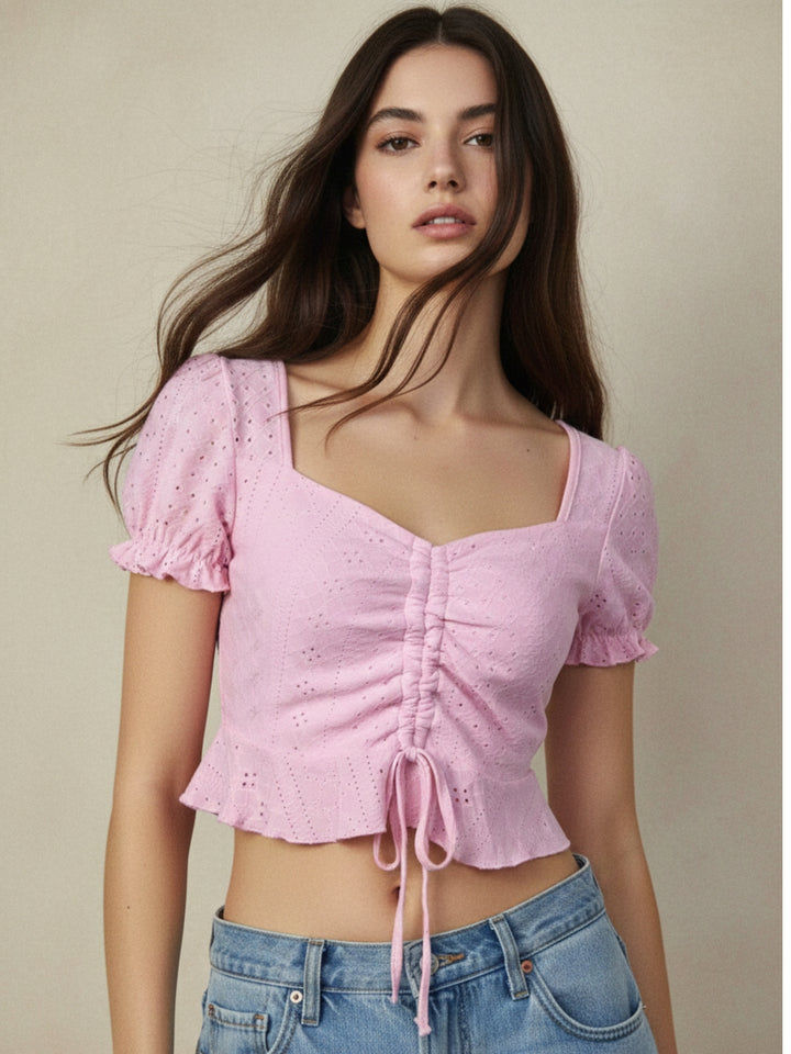 Pink Puff Sleeve Front Ruched Top