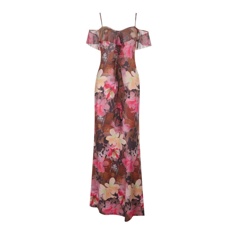 Brown Off Shoulder Floral Print Maxi Dress