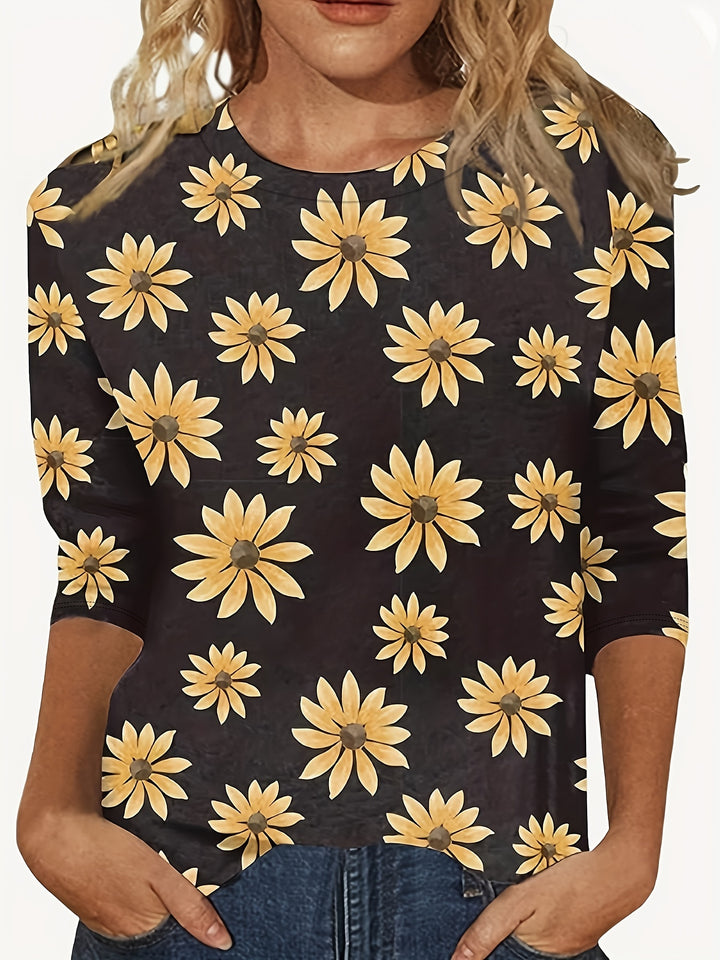 Black Round Neck Floral Printed Top