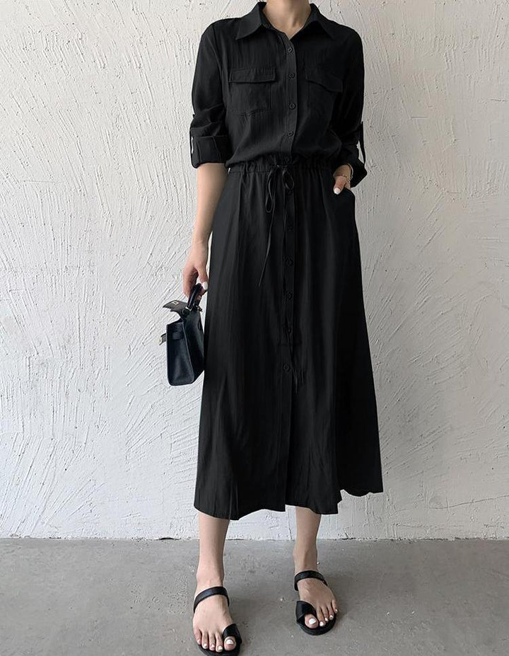 Black Three- Fourth Sleeve Collared Neck Dress