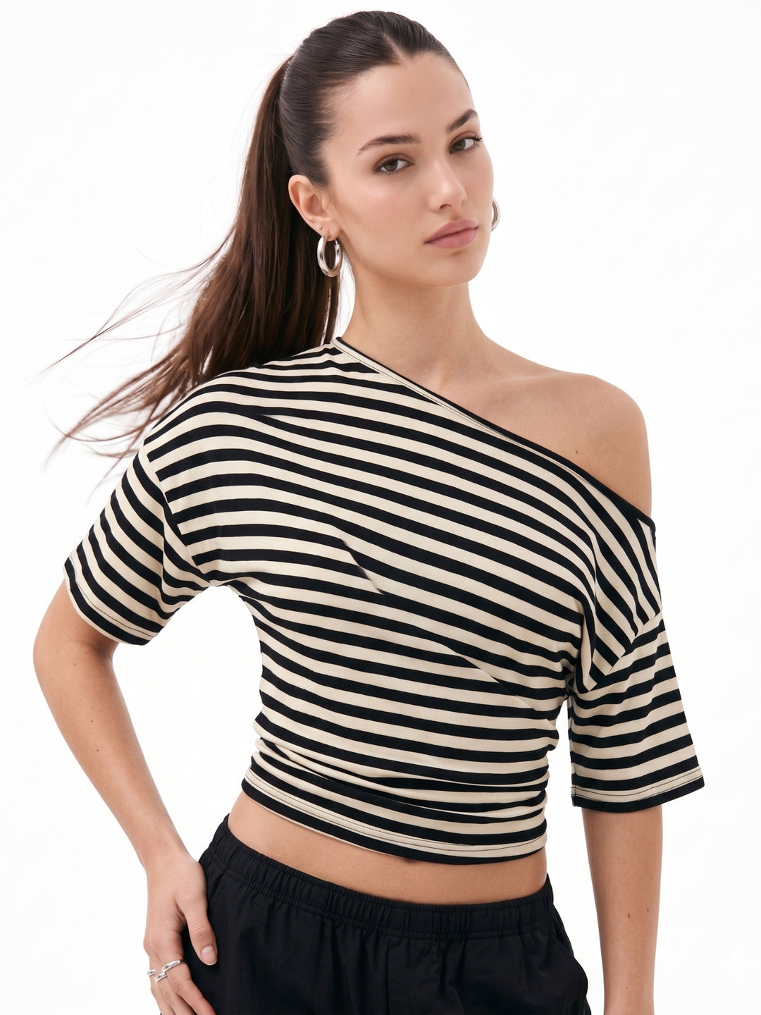 Beige One Shoulder Striped Fitted Top