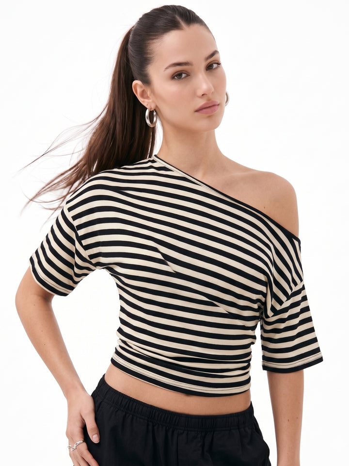 Beige One Shoulder Striped Fitted Top