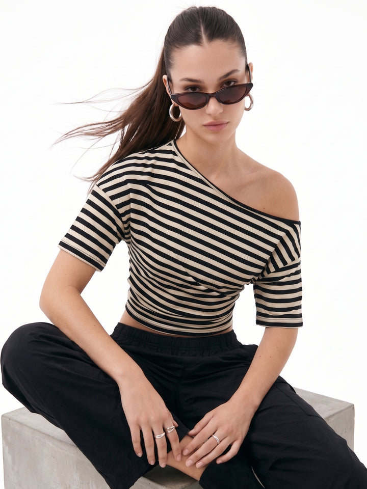 Beige One Shoulder Striped Fitted Top