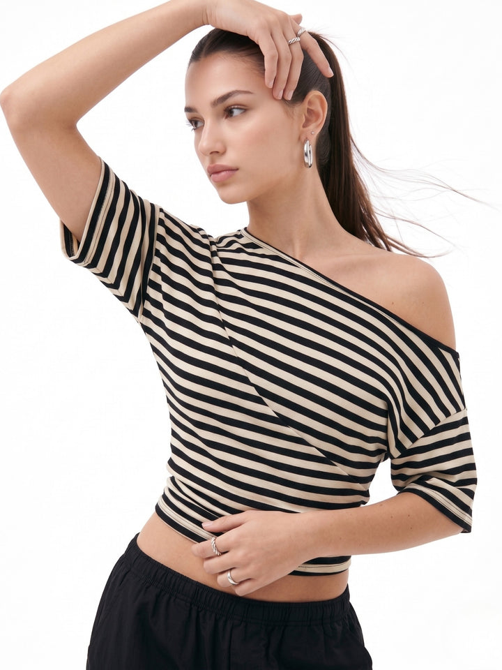 Beige One Shoulder Striped Fitted Top