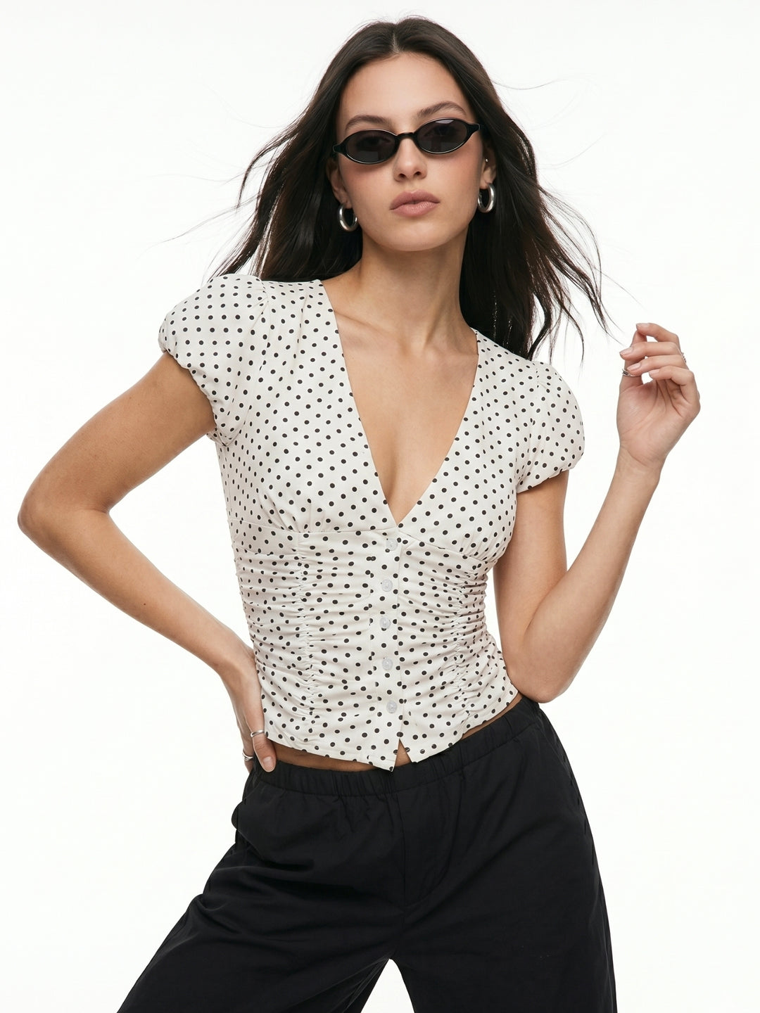 White V Neck Polka Printed Top