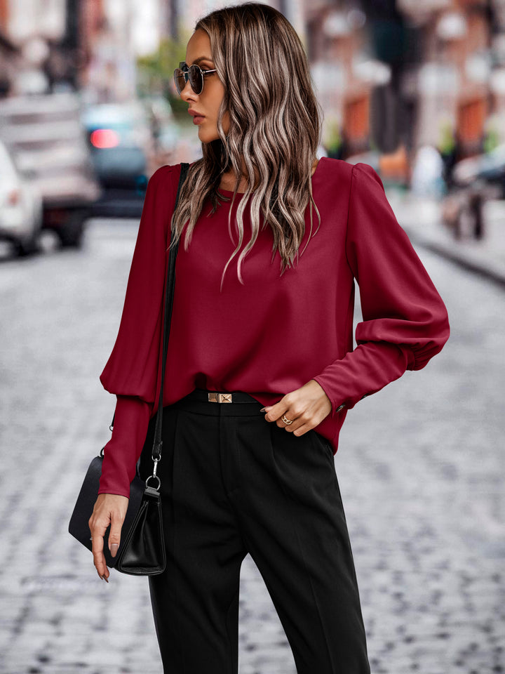 Wine Bishop Sleeve Crew Neck Top