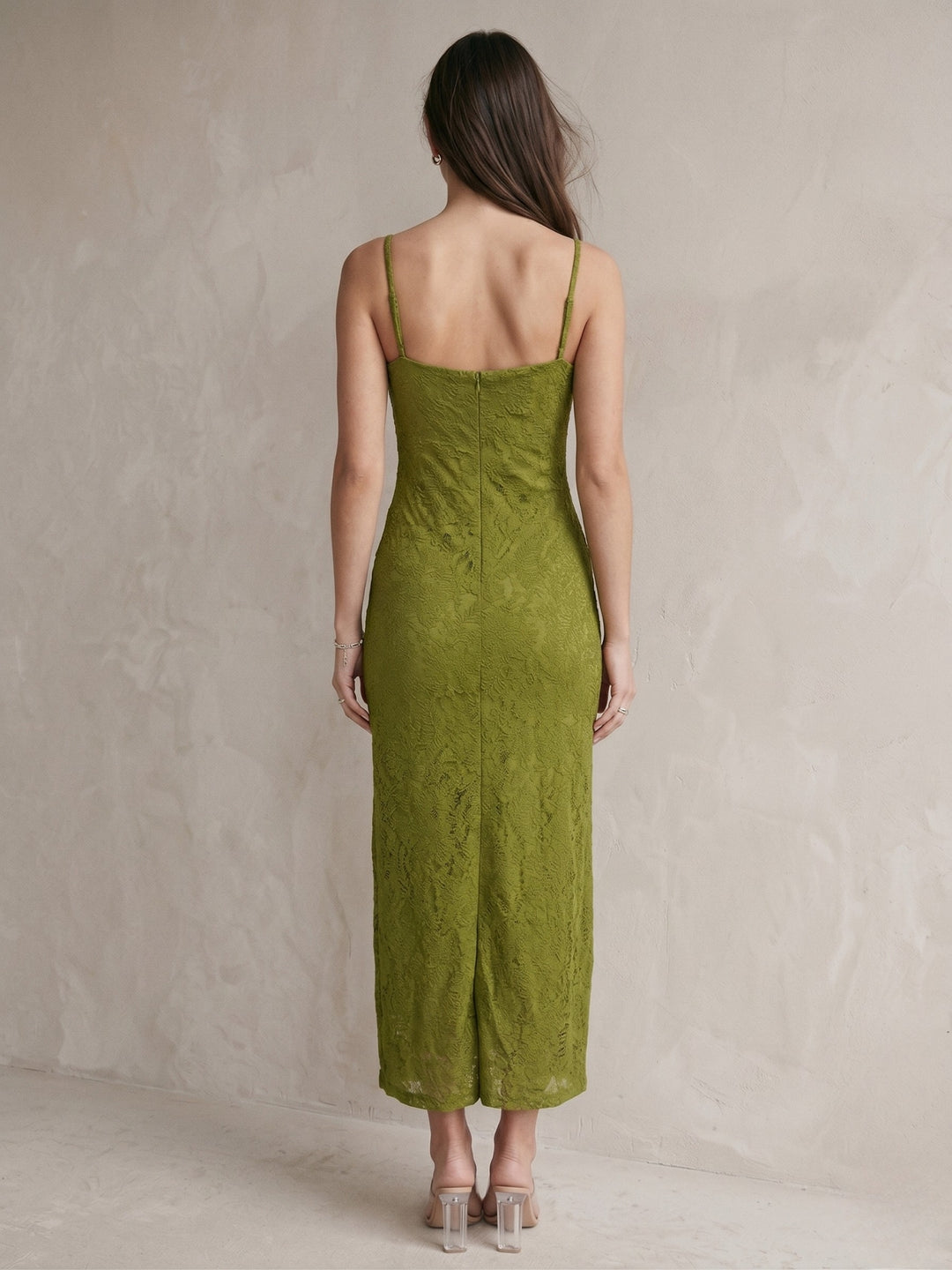 Olive Spaghetti Strap Lace Dress