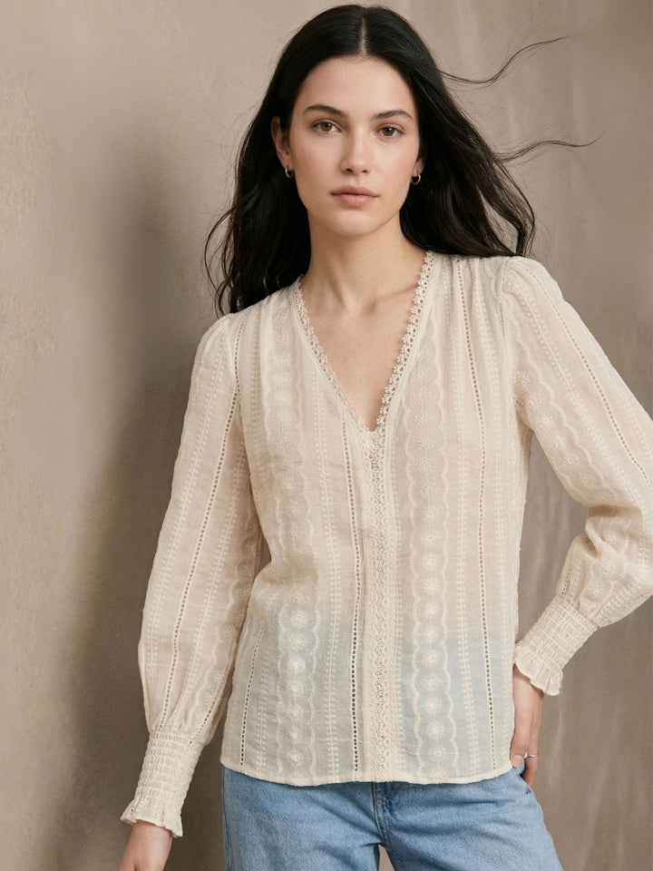 Cream Scallop Lace Neck Inserts Relaxed Blouson Top