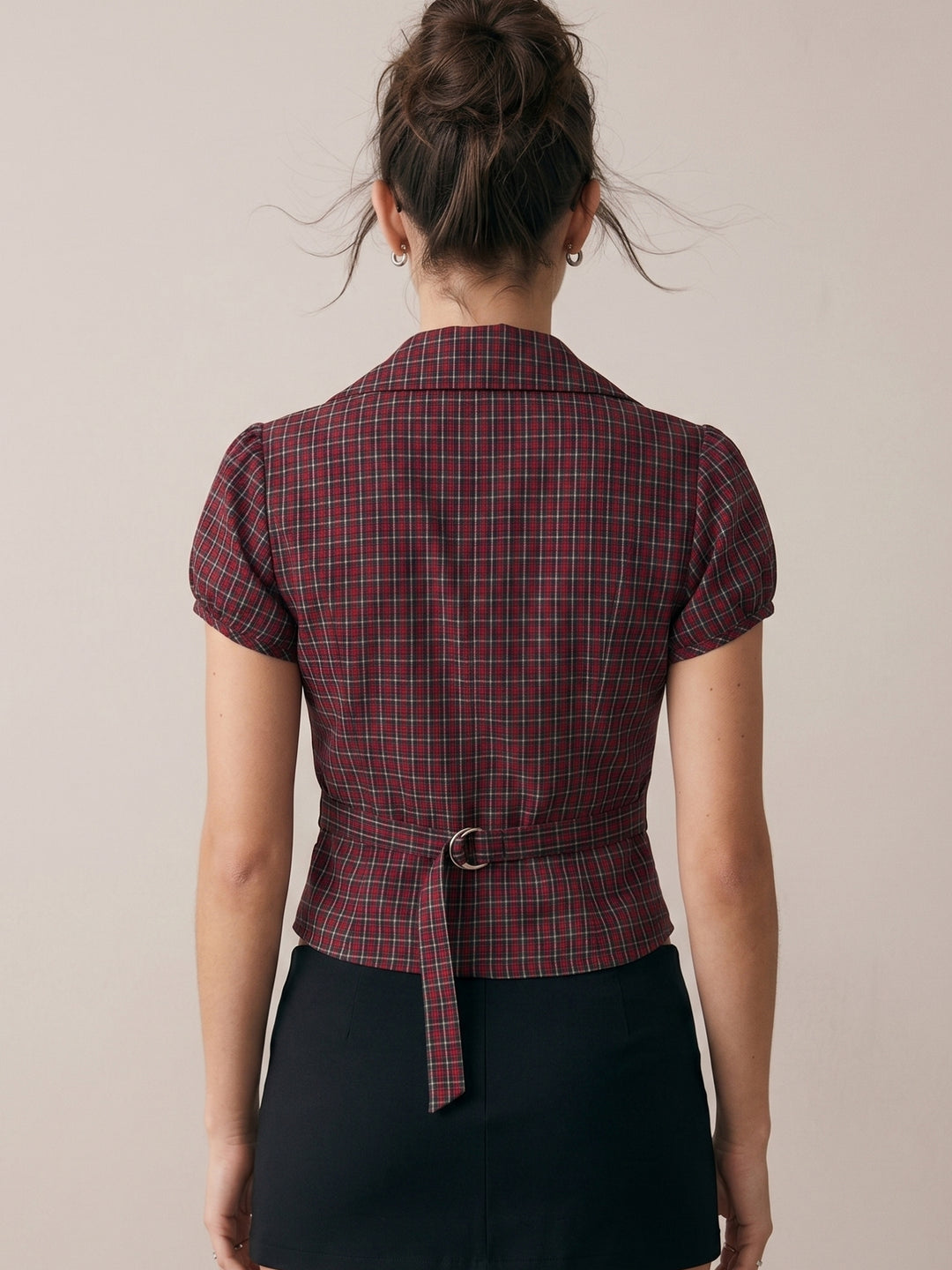 Wine Checkered Fitted Button Down Shirt With Back Belt Detail