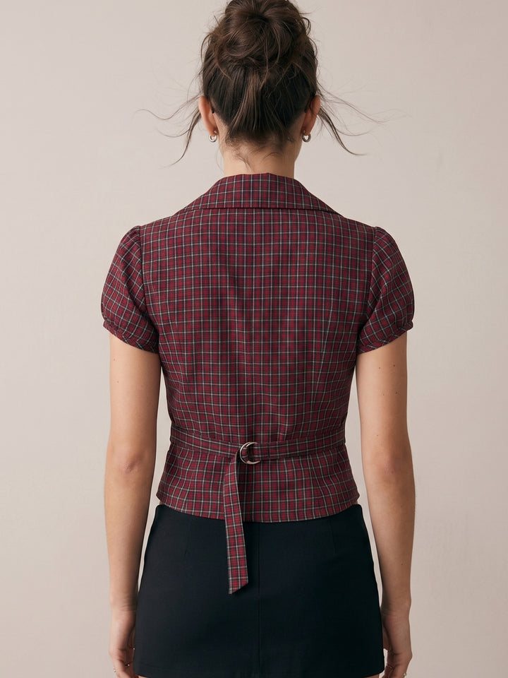 Wine Checkered Fitted Button Down Shirt With Back Belt Detail