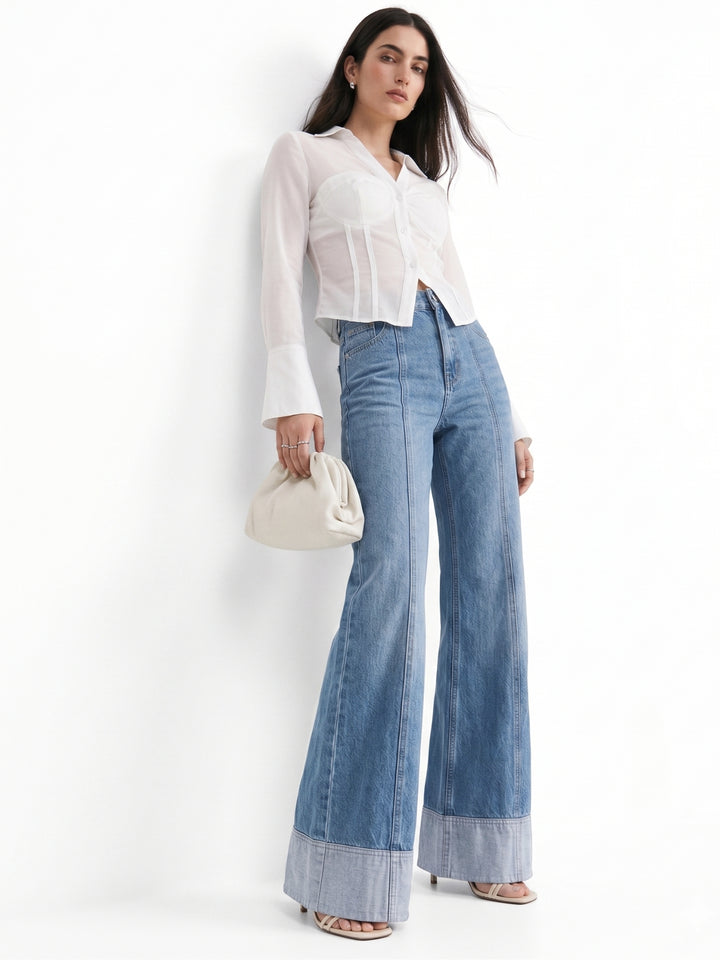 Blue Folded Hem Wide Leg Jeans