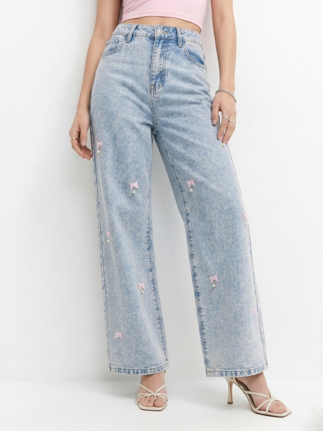 Blue Bow And Studs Detail Denim