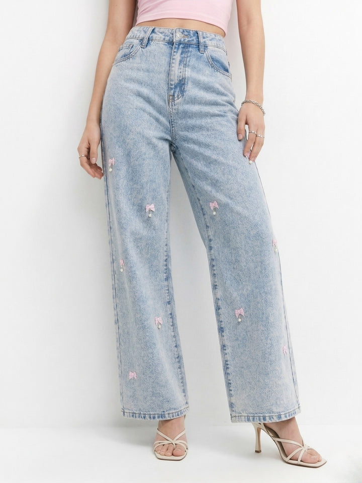 Blue Bow And Studs Detail Denim