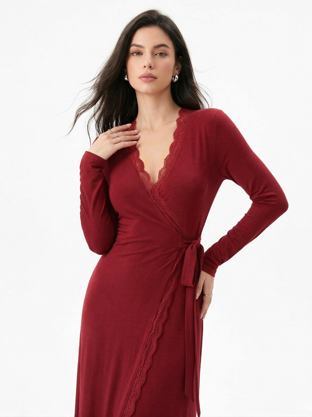 Burgundy Plunge Neck Wrap Dress With Lace Inserts