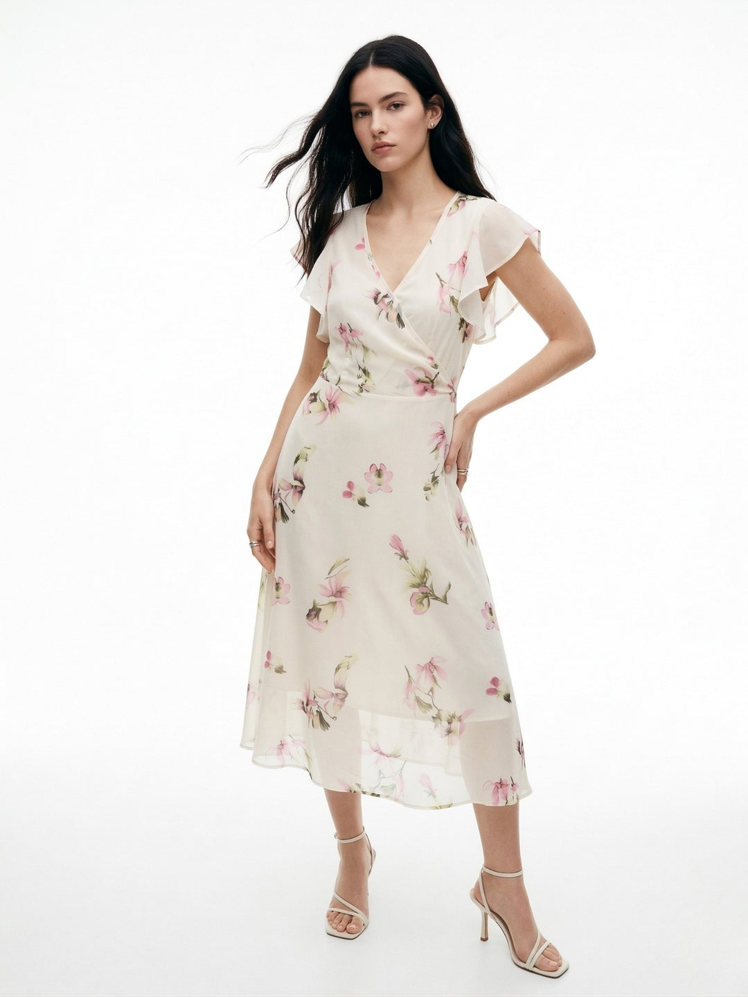 White Flutter Sleeved Printed Midi