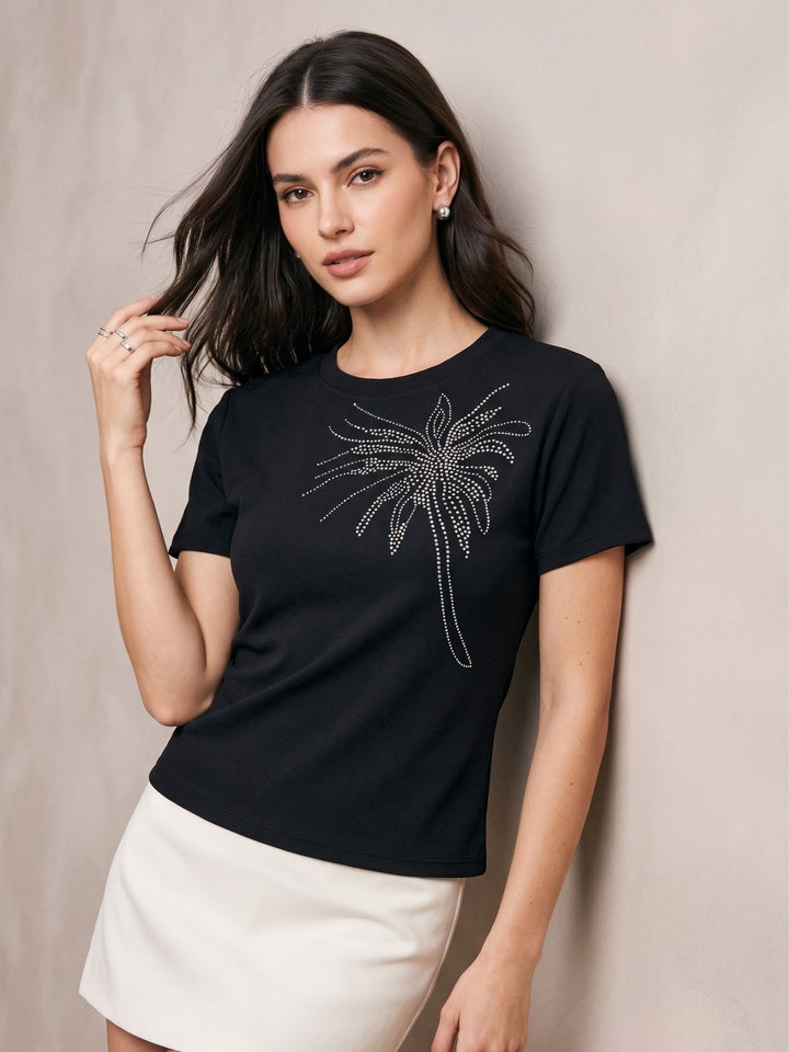Black Fitted T-Shirt With Floral Embellishments