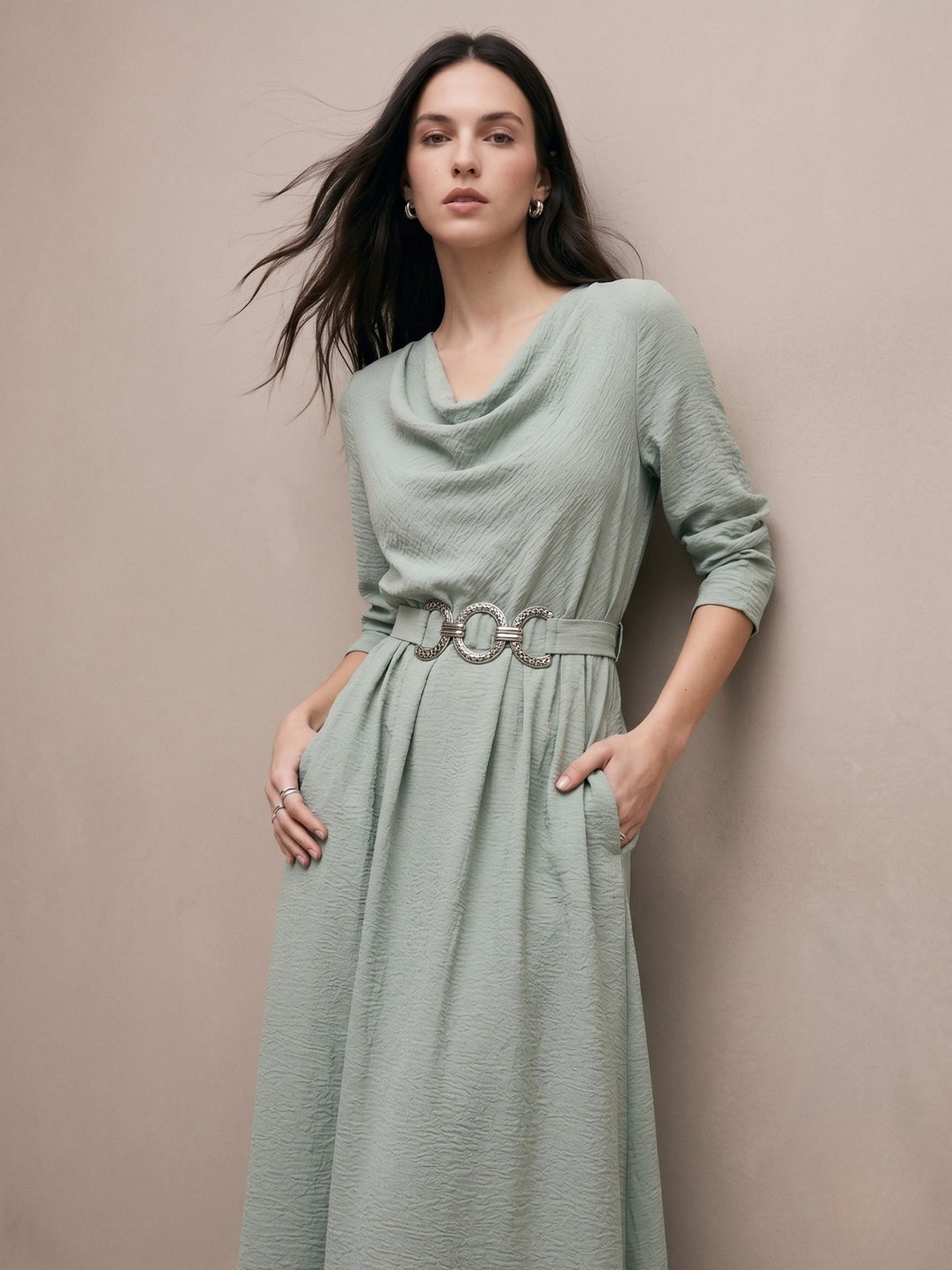 Mint Cowl Neck Dress With Metal Trim Belt Detail