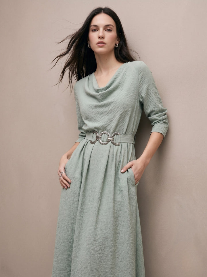 Mint Cowl Neck Dress With Metal Trim Belt Detail