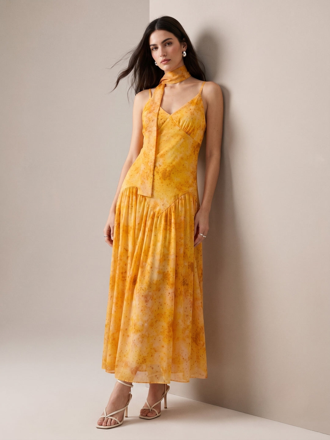 Mustard Printed Drop Waist Dress With Scarf Detail