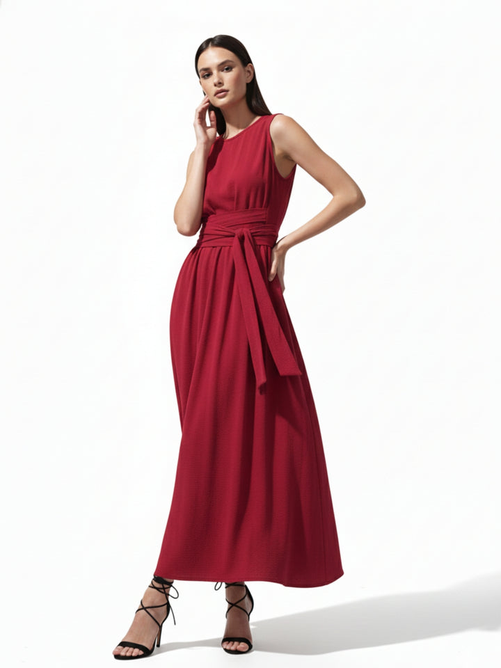 Red High Neck Twisted Tie Up At Waist Detail Dress