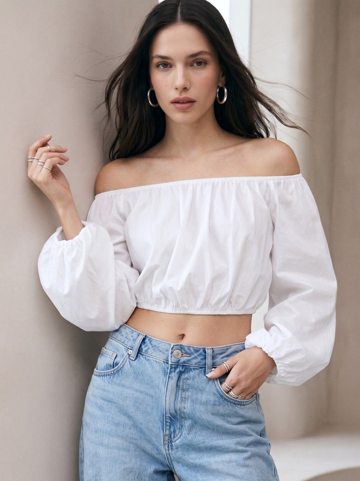 White Bishop Sleeve Off-Shoulder Top