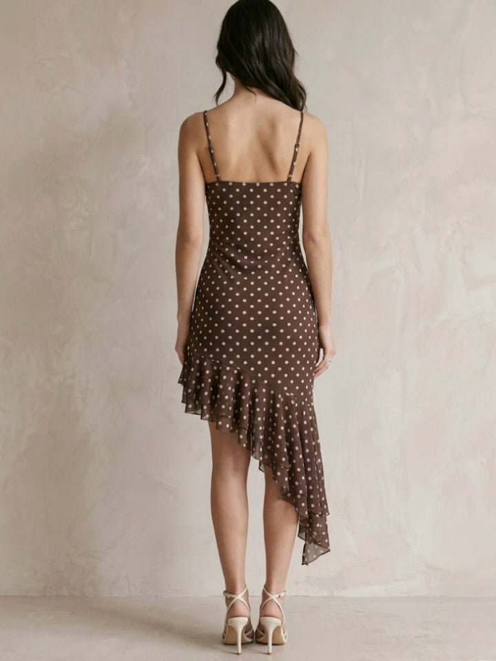 Brown Spaghetti Strap Ruffle Hem Mesh Polka Printed Dress