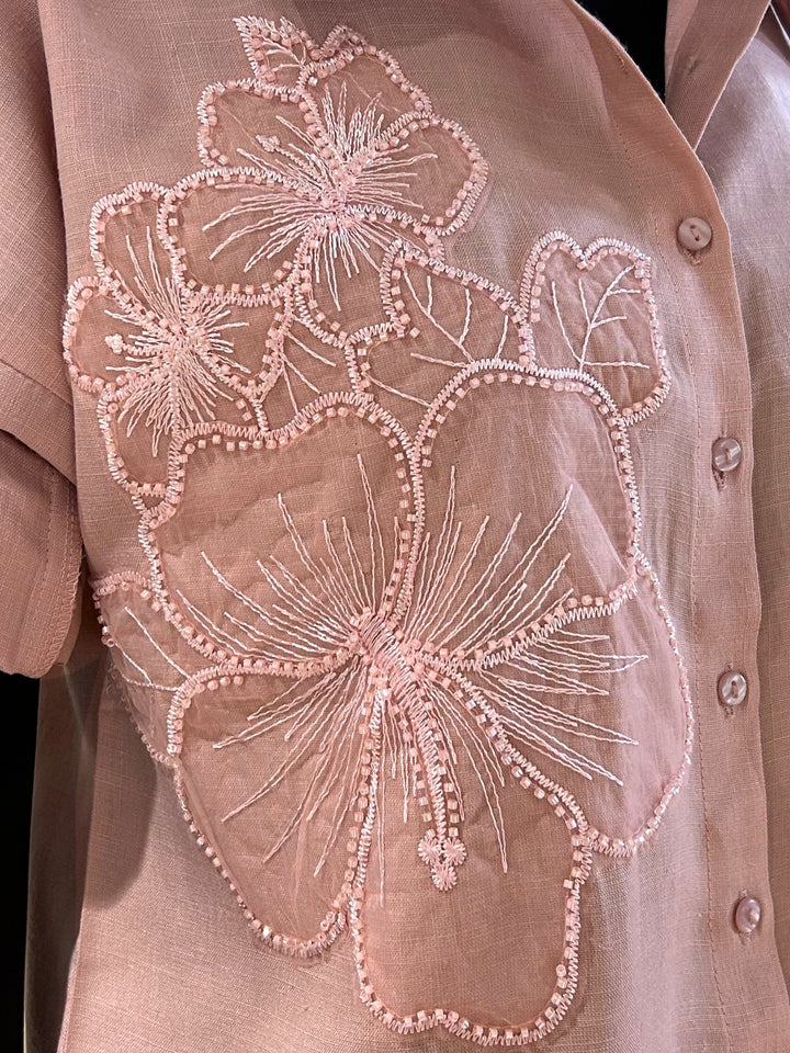 Pink Floral Embroidered Applique Shirt