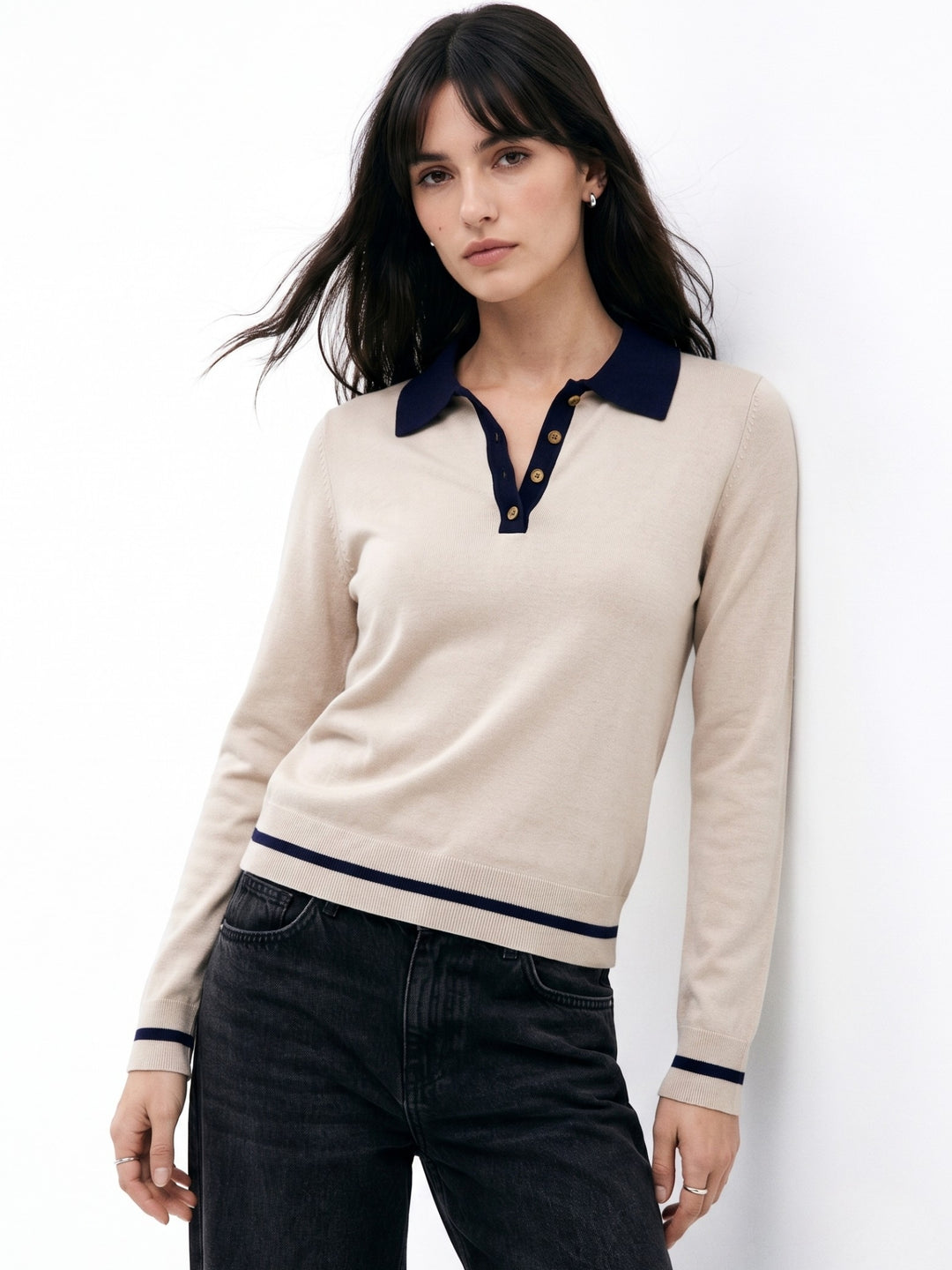 Beige Contrast Collared Polo Sweater