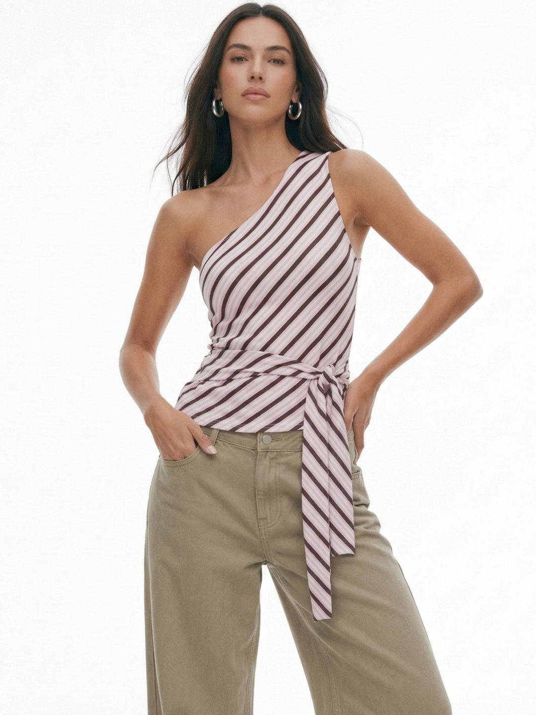 Pink One Shoulder Waist Tie-Up Top