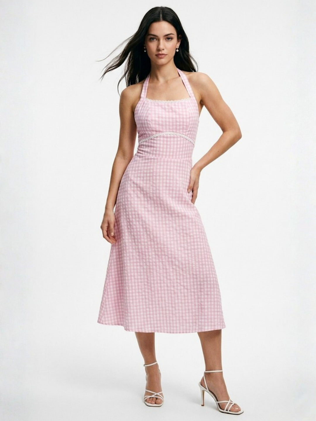 Pink Checkered Square Halter Neck Dress