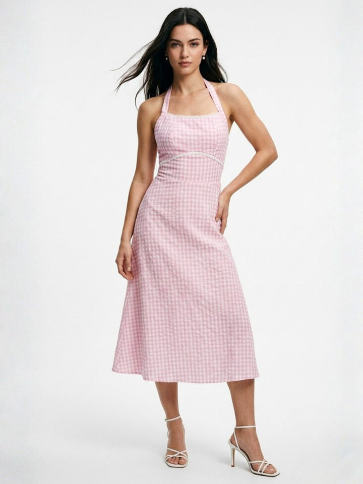 Pink Checkered Square Halter Neck Dress