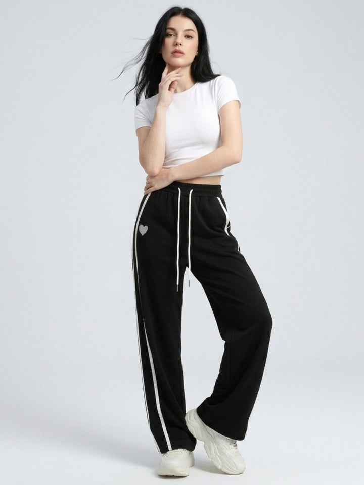 Solid Black Stripped Wide Leg Sweatpants