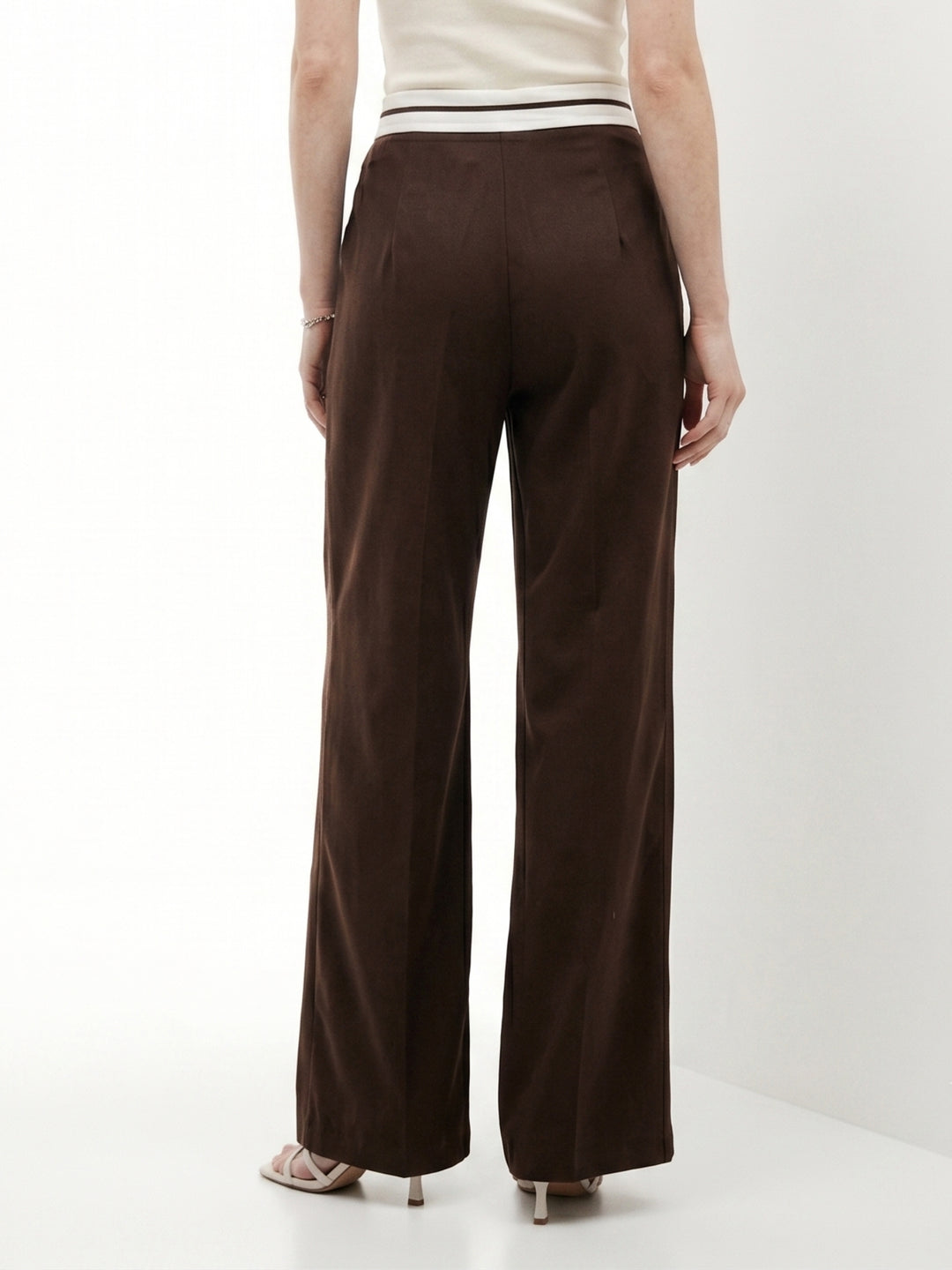 Brown Contrast Waist Band Pleated Wide Leg Trouser