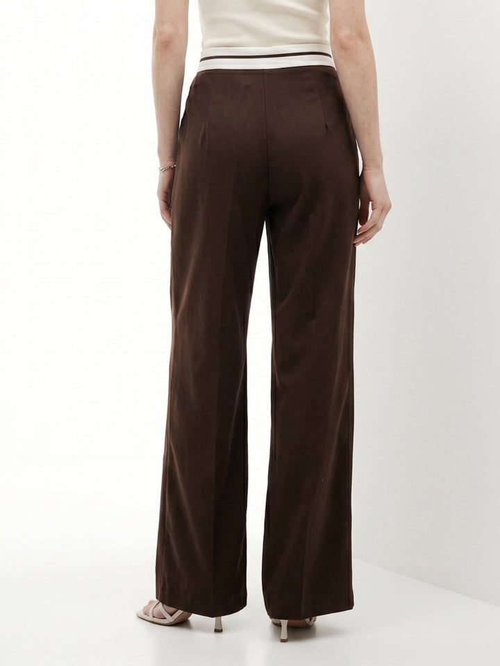 Brown Contrast Waist Band Pleated Wide Leg Trouser