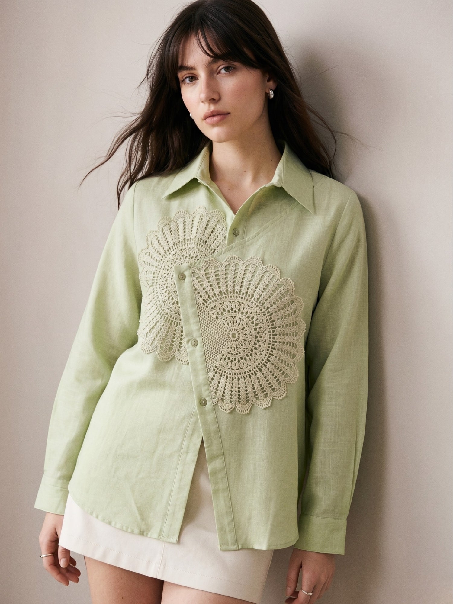Sea Green Relaxed Fit Shirt With Assymetric Center Front And Lace Patch Detail