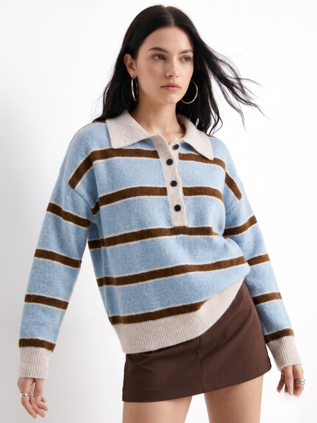 Blue Thick Striped Button Down Collared Sweater