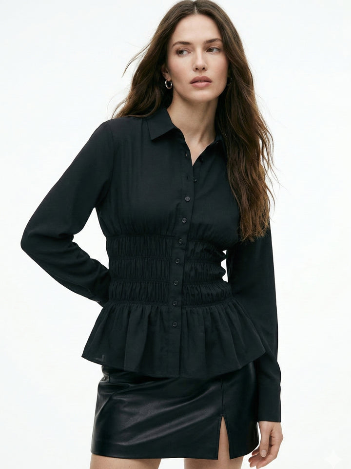 Black Full Sleeve Shirt With Smocking Details At Waist